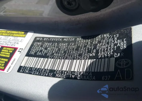 2013 Toyota Corolla Le from USA, damaged, VIN 2T1BU4EE3DC125692